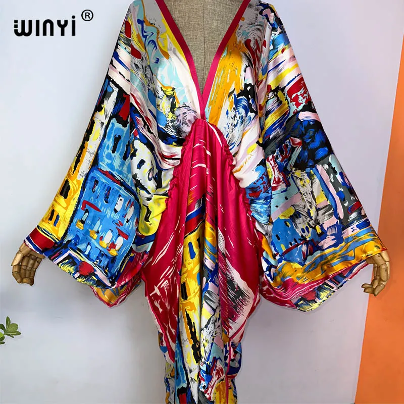 2023 WINYI Sexy Beach High-Quality Silk Feel Fashion Print Maxi Women's Robes Long V-Neck Bohemian Dress Party Evening Dress