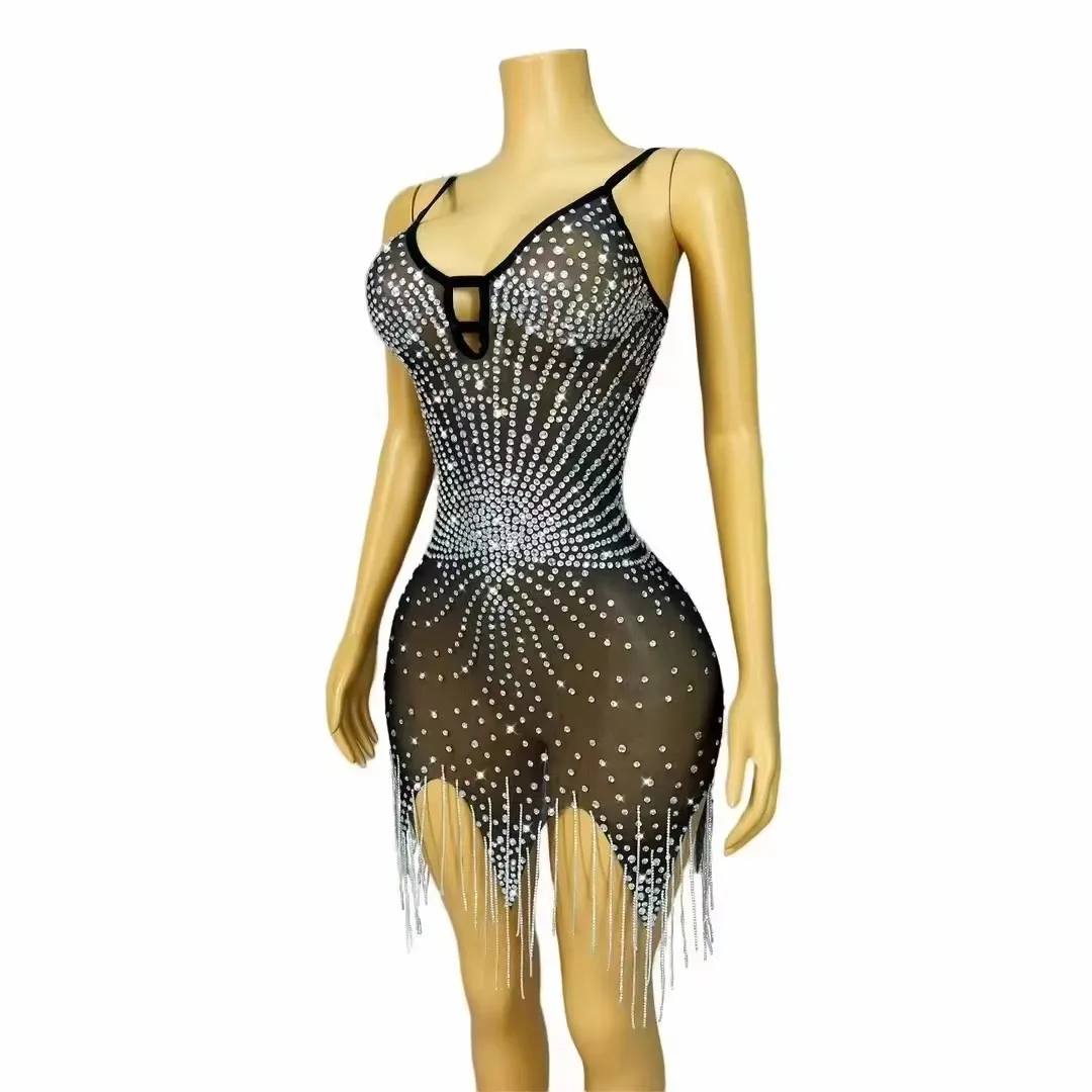 Fringe Sling Short Dress Sexy Transparent Black Mesh Rhinestones for Women Birthday Party Club Rave Outfit Singer Stage Costume