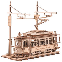 Robotime 3D Wooden Puzzle Gear Drive Tram Mechanical Model Building Kit DIY Craft Toy Gifts Classic City Tram for Children Teens