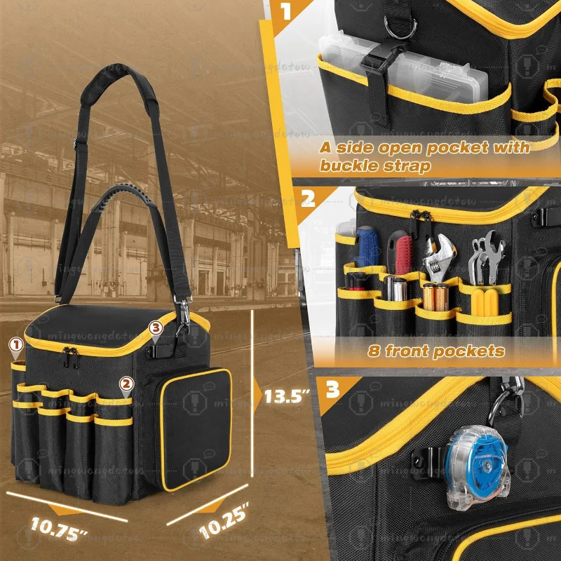 Large Capacity Wearable Tool Bag with Removable Dividers & Multiple Pockets, Portable Handheld Tool Tote