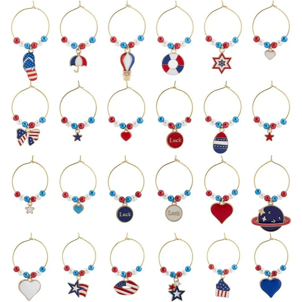 24pcs 24 Style Independence Day Themed Wine Glass Charms American Flag Wine Charms with Brass Wine Glass Charm Ring