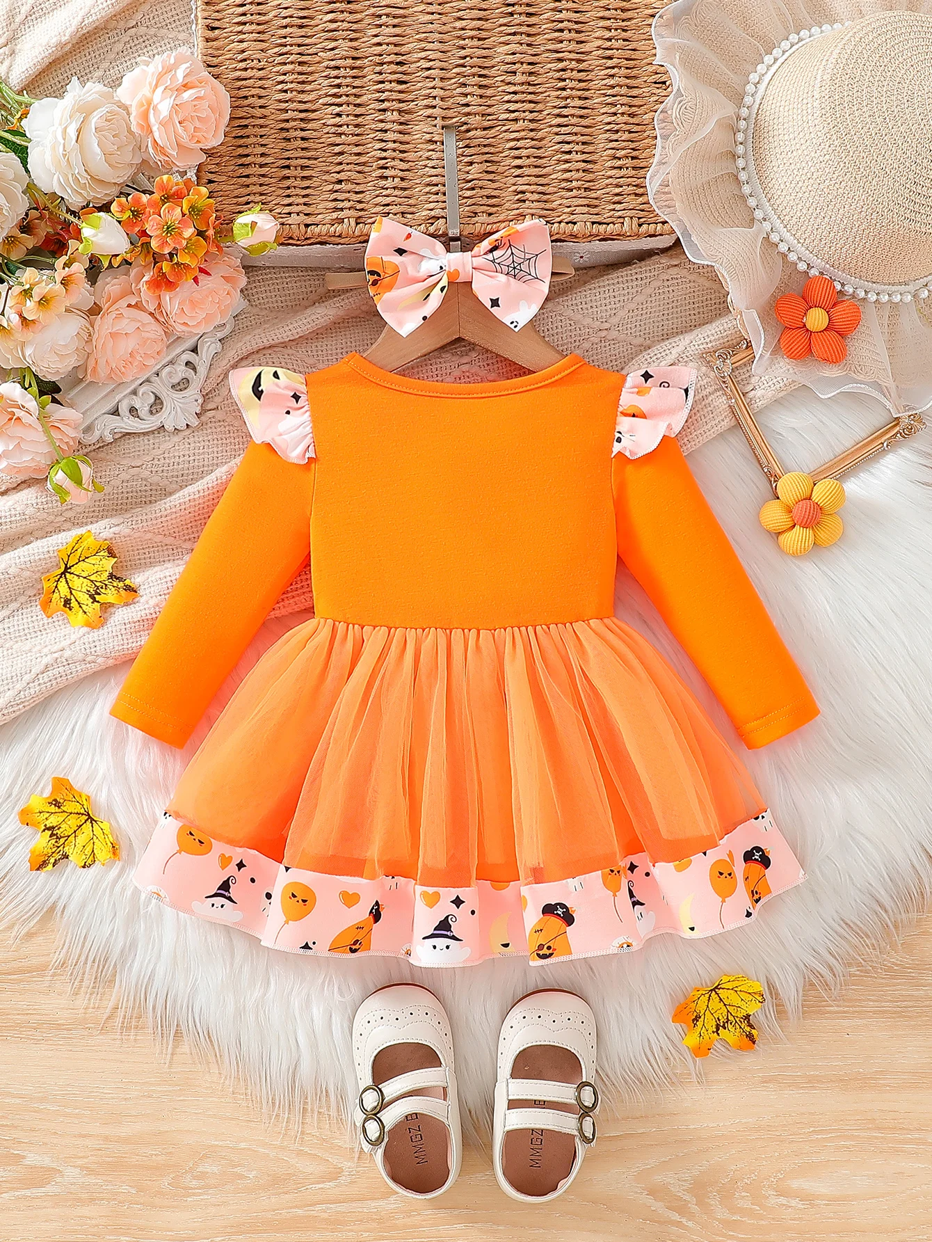 2Pcs Baby Girls 0-24M Halloween Newborn Infant Toddler Long Sleeve Autumn Pumpkin Ghost Print Dress For Cute+ Headband