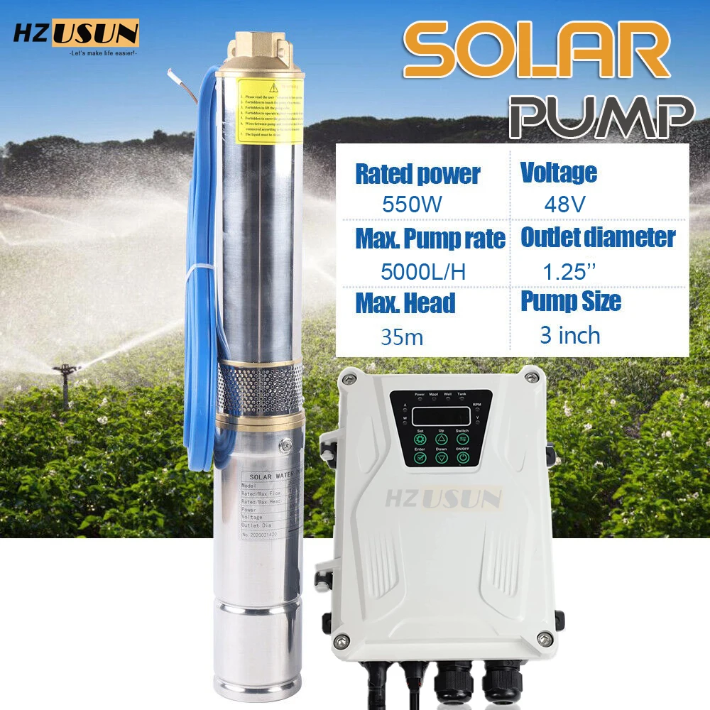 0.75HP Solar DC 48V 3'' Water 20M Well Bore Submersible Pump 3 M3/H MPPT Controller Solar Powered Pump for Cattle and Irrigation