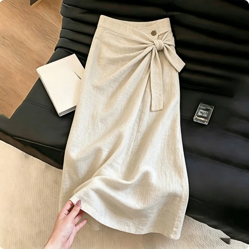 2026 Spring Summer Women High Waisted Bow Beige Skirt , Woman Causal A Line Cotton Linen Long Skirts