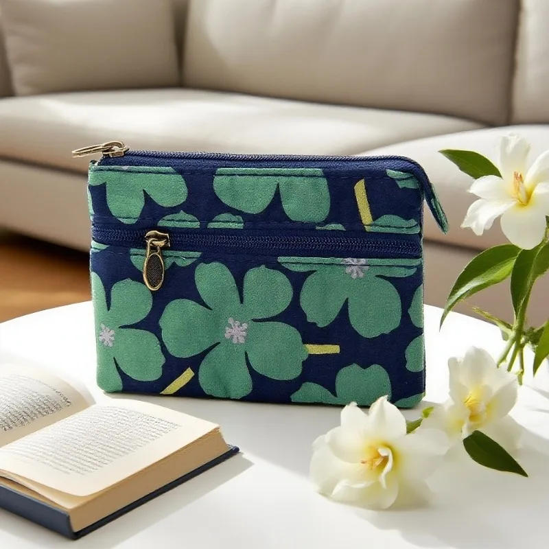 Cottagecore الأزهار محفظة نسائية للعملات المعدنية 4-Layer القطن المحفظة سحابات متعددة جيب المنظم للنقود/بطاقات/الهوية خمر نمط الفتيات الحقيبة