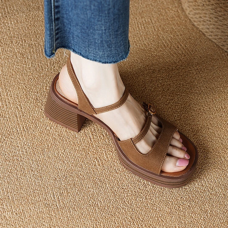 Women Sandals Handmade Vintage Square Toe Tuckle Strap Shoes New Lady Summer Beach Casual Pumps