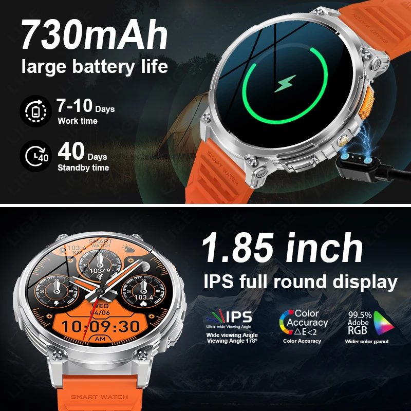 LIGE Smart Watch Men LED Flashlight Bluetooth Call Sport Fitness Health Heart Rate Monitor 730mAh Large Battery Smartwatch 2024