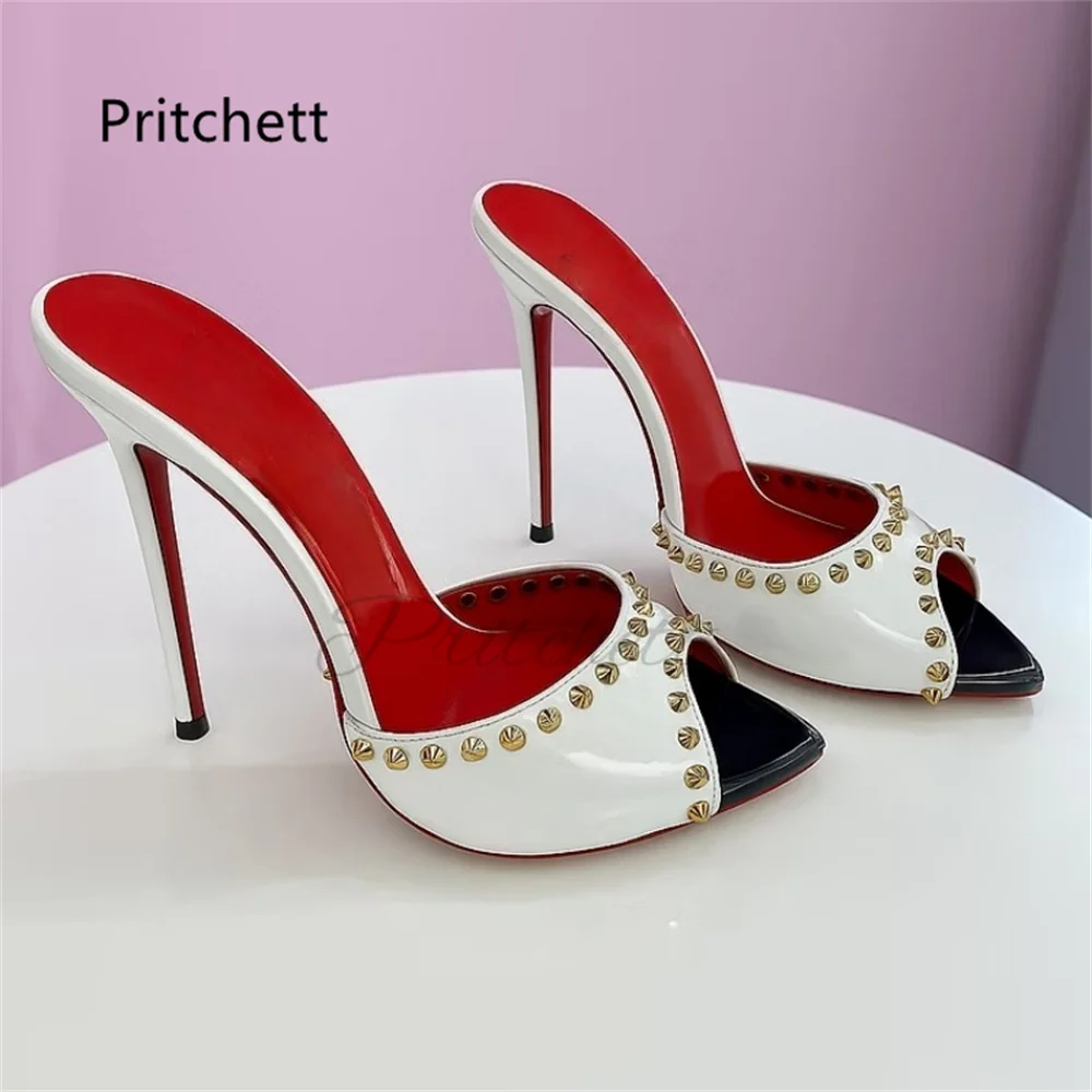 

Женские туфли-мюли из лакированной кожи с заклепками, на шпильке, с открытым носком, на высоком каблуке, сексуальные, современные, летние, для банкетов и вечеринок