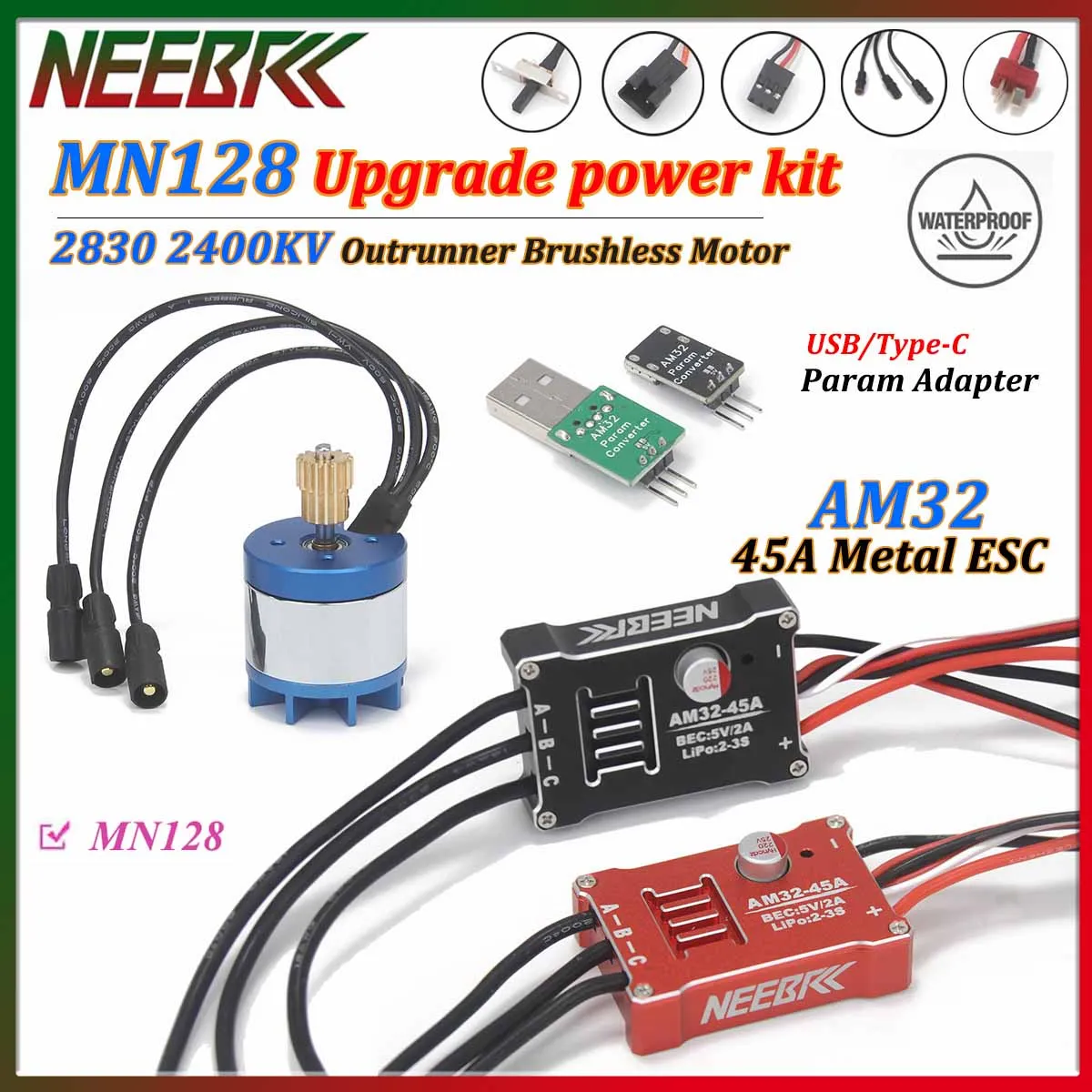 2830 2400KV Brushless Motor AM32 45A Metal ESC SM3.0/T Plug USB/Type-C Adapter for 1/12 RC Crawler MN128 MN86 Upgrade Power Kit