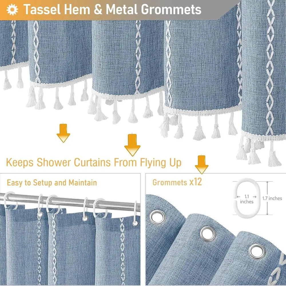 مجموعة ستائر دش كبيرة من الكتان بشرابة بوهو مقاس 72 × 84 مع خطافات، ديكور مزرعة حديث، أزرق #5