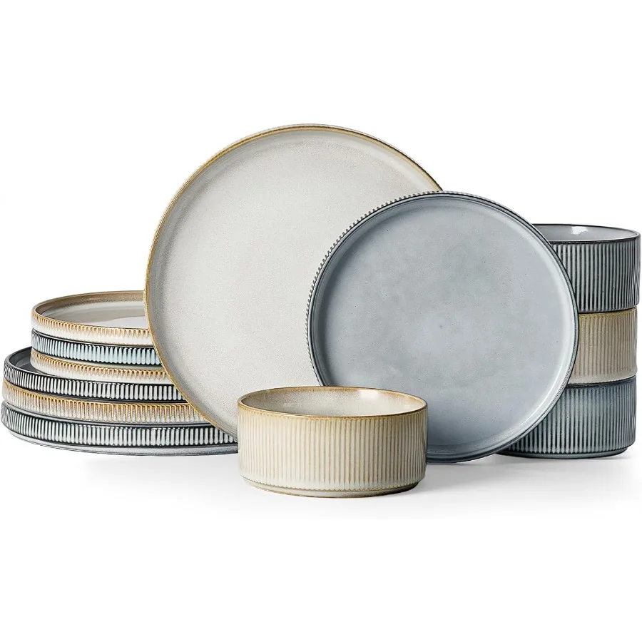 

Набор столовой посуды Star, наборы тарелок и мисок для 4 посуды из ребристого керамогранита, 12 шт., устойчивые к сколам и царапинам микроволновая печь и D대