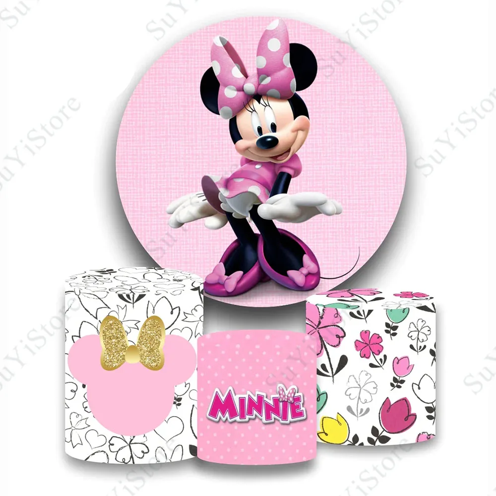 Disney Minnie Circle Photo Backdrop Girls Birthday Baby Shower Pink Mouse Round  Photography Background Cylinder Covers