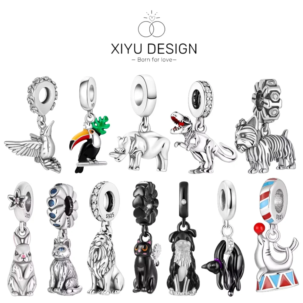 

Стерлингового серебра 925, серия животных, висячий кролик, бордер-колли, попугай, шнауцер, бусины, подвески, подходят для оригинального браслета, ювелирные изделия