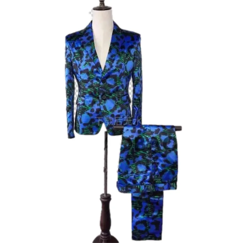 Hot 2024 New Men\'s Dj Singer Fashion Blazers Blue Green Leopard Jackets Coats Men Plus Size Formal Dress Costumes Clothing Suits