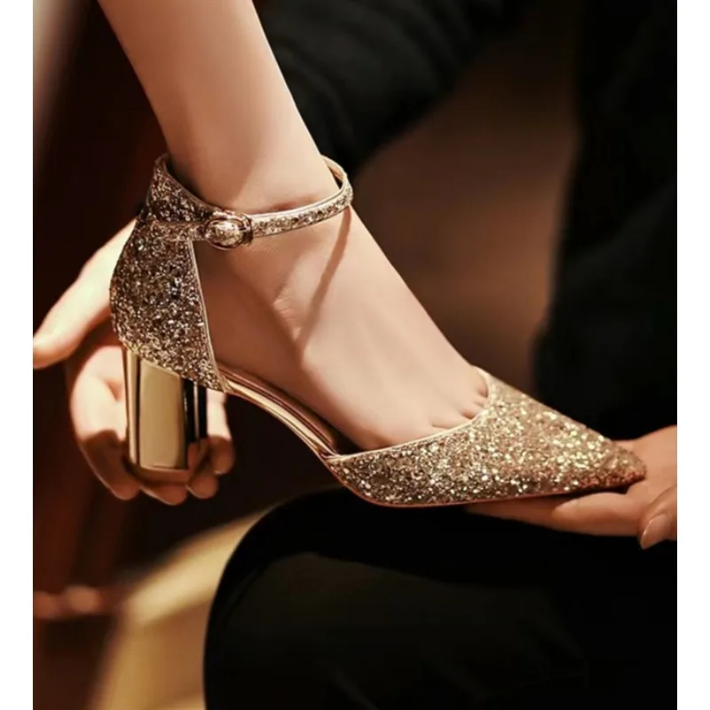 

Luxury Silver Gold Sandals Women Summer Pointed Elegant Crystal High Heels Ladies Flip Flop Sequined Party Banquet Wedding Shoes