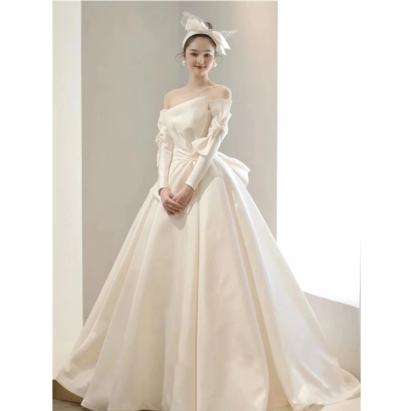 

Silk Satin Ele Simple Bridal Gown Women's New 2026 Floor Length out Door Wedding Dr Small Size Vintage Sle with Belt
