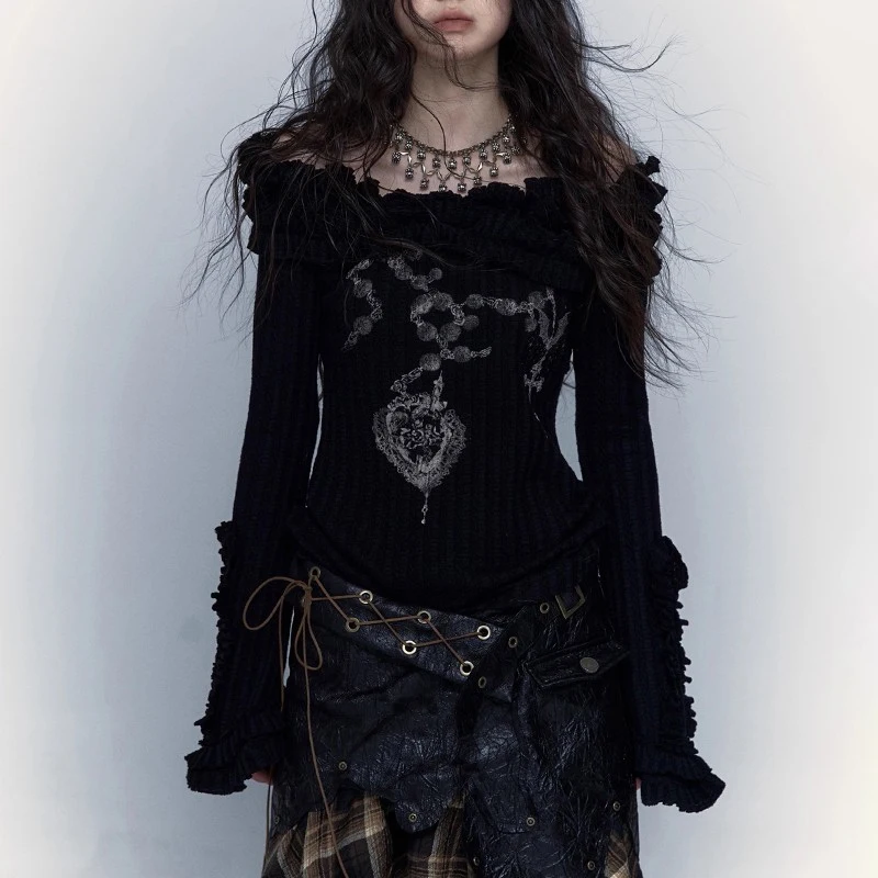 그런지 감성 니트 Y2K 탑 빈티지 오프숄더 타투 프린트 티셔츠 웨이스트랜드 펑크 블랙 골지 티셔츠 고딕