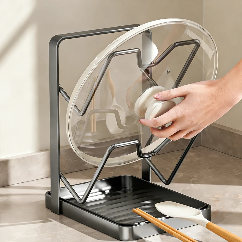 Kitchen Pot Lid Storage Rack With U-Shaped Vertical Slots Carbon Steel Lid Holder With Drip Tray Counter Lid Stand For Pots Pans