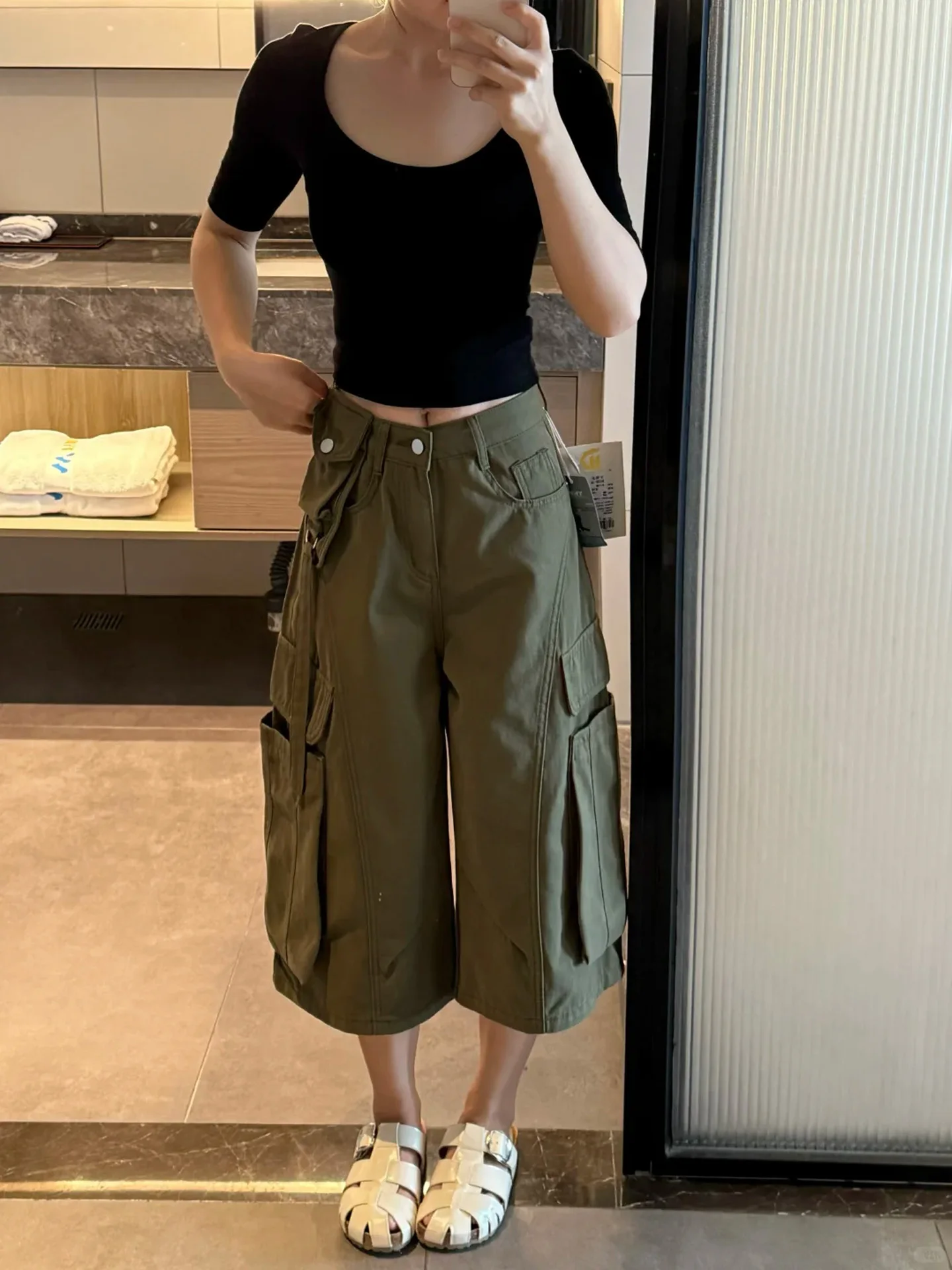 Military Green Workwear Seven-Foot Pants Women's Summer plus Size Loose Slimming Wide-Leg Jeans High Waist Denim Shorts