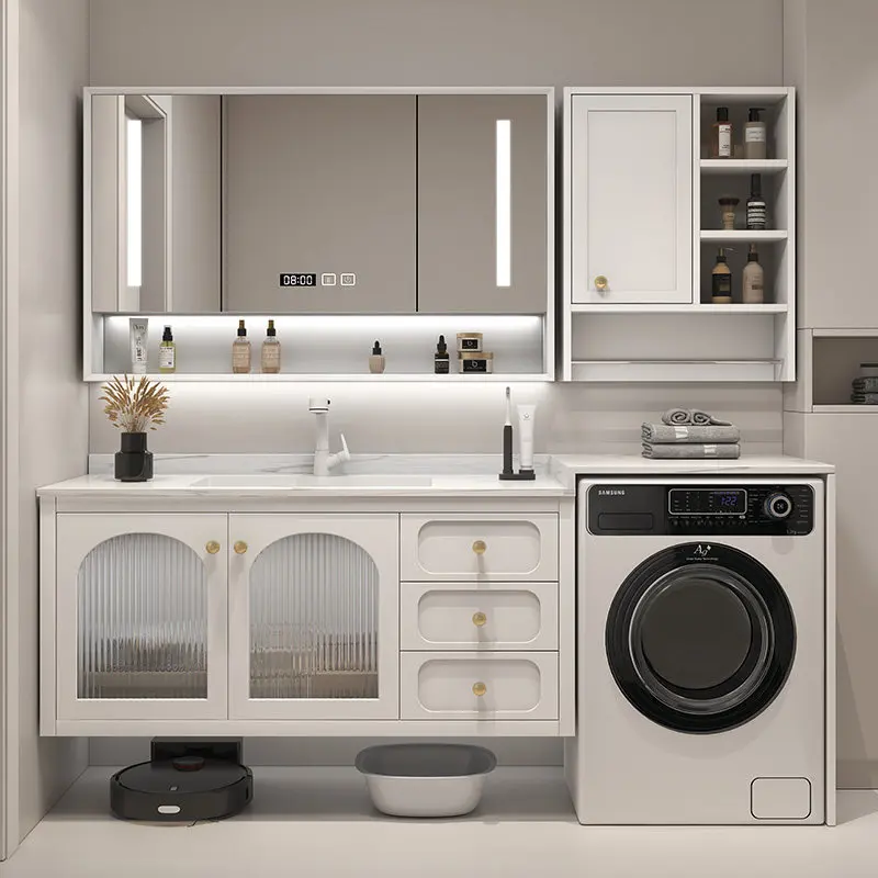 

Встроенный шкаф для стиральной машины на балконе, шкаф для ванной комнаты, раковина из каменной плиты для ванной, умывальник для рук.