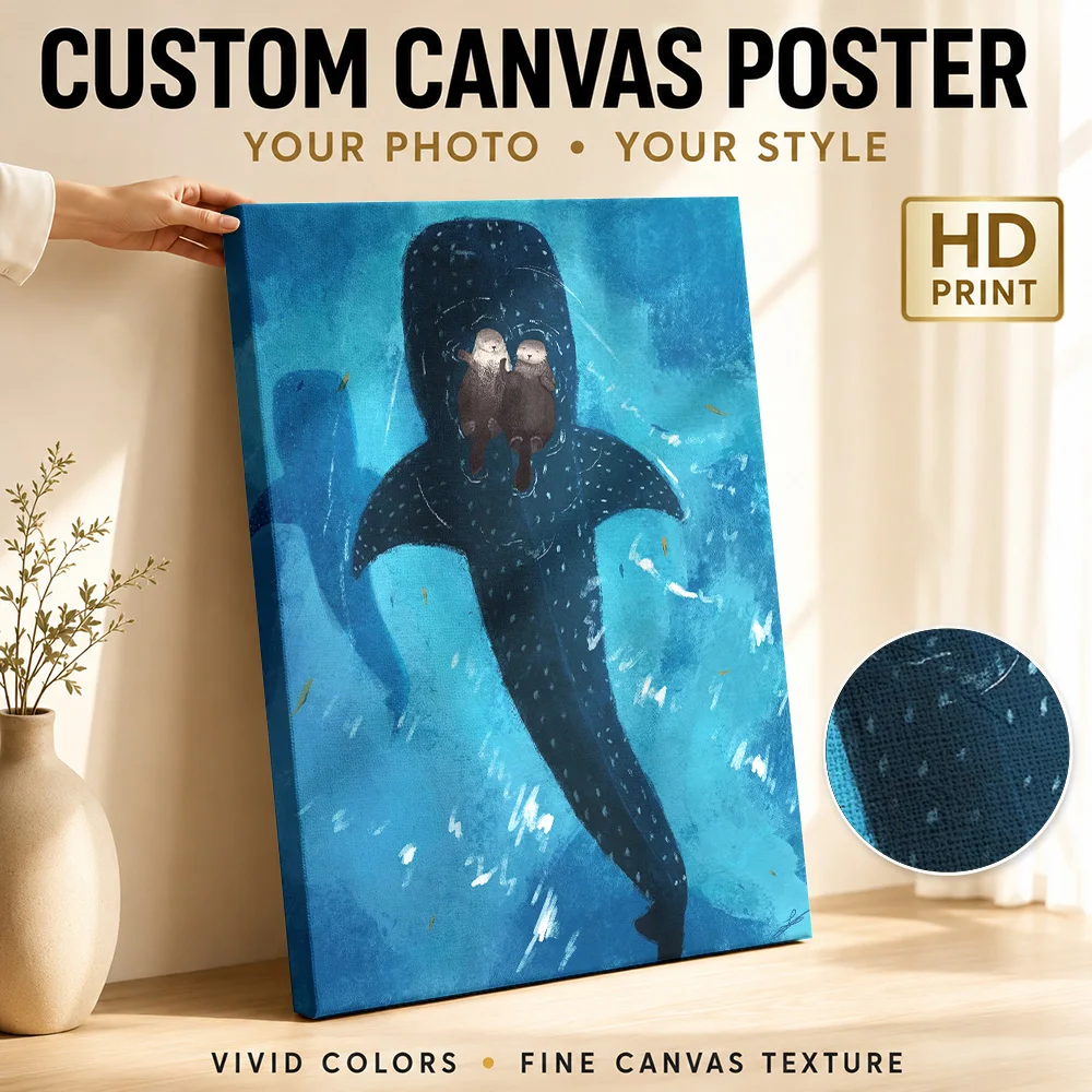 Sleeping Otters Whale Shark Fantasy Wood Framed Canvas Print Personalized Photo, Playful Underwater Wall Art For Living Room