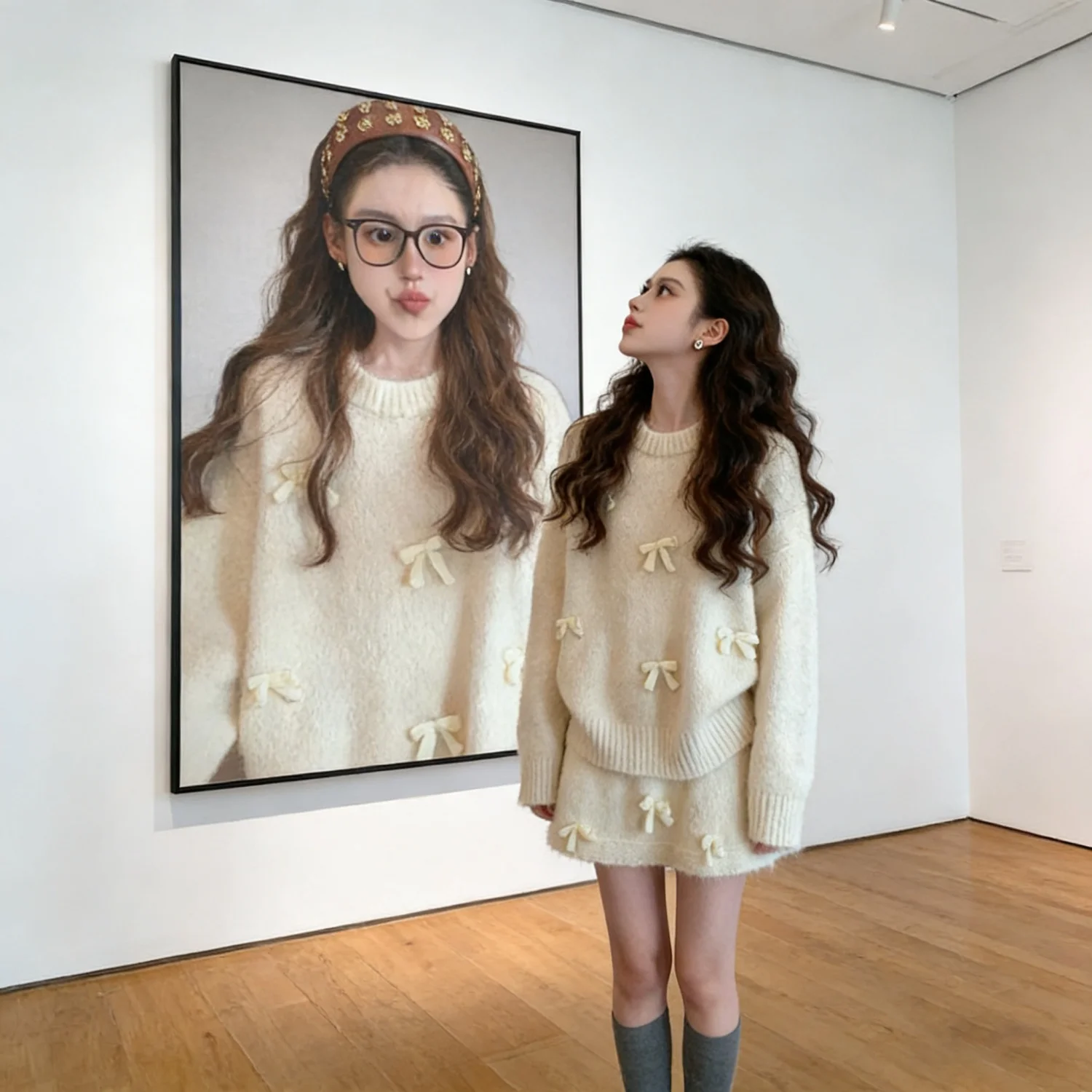 

Молодежный вязаный комплект для женщин, весенне-осенний мягкий уютный свитер с узлом, юбка из двух предметов, комплект Age Defng Faion