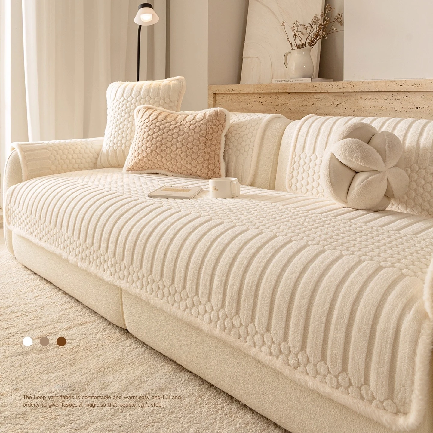 Creamy Fluffy Binding Tuffed Fleece Thickened Warm Non-Slip Sofa Cover, Cozy Sofa SlipCover Towel for Living Room Couches