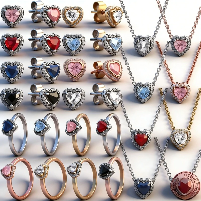 

925 sterling silver women's jewelry heart-shaped earrings, rings, necklaces, sparkling exquisite luxury charm set jewelry gifts