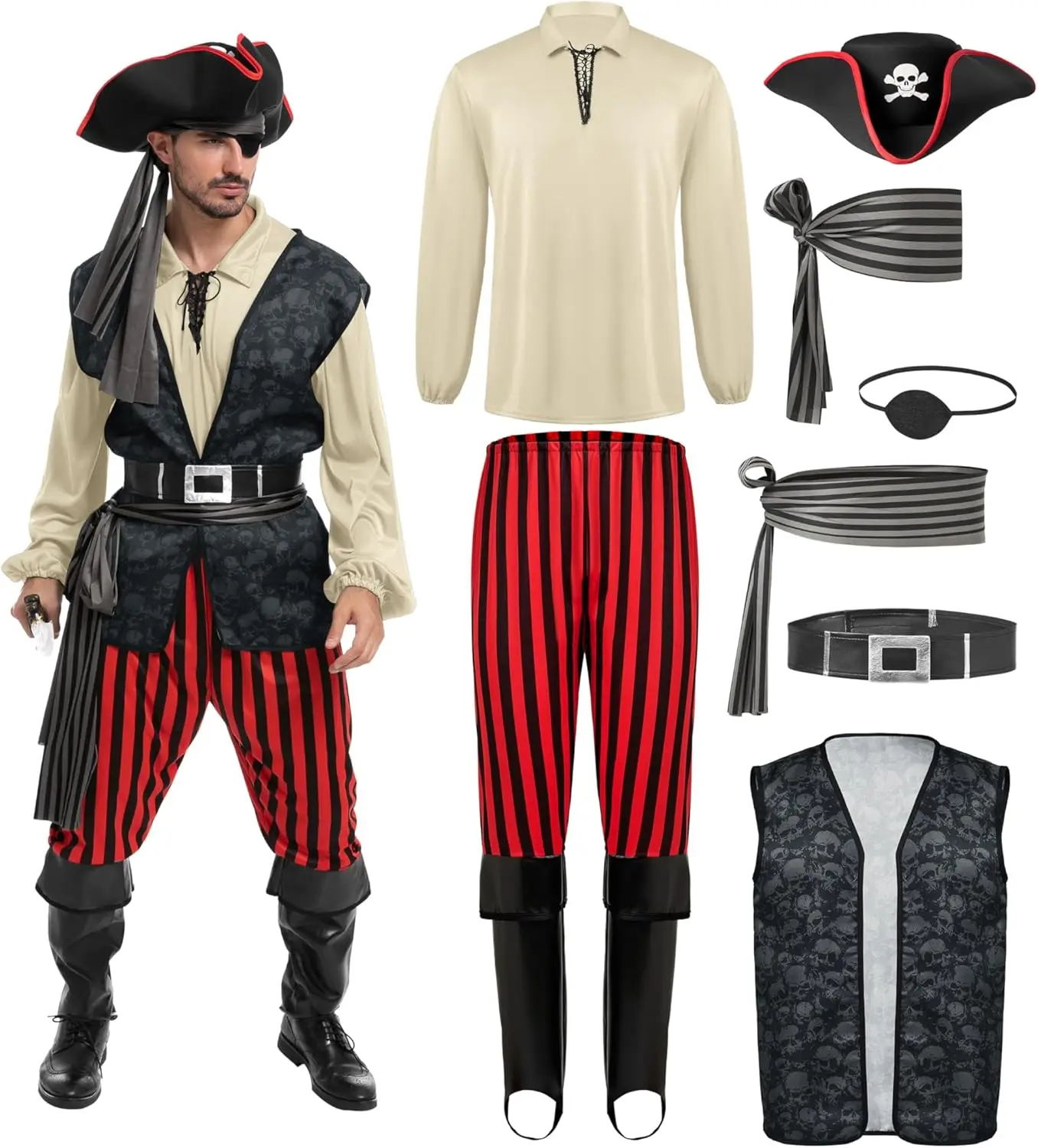 

Men's Pirate Costume Set with Shirt, Vest, Pants, and Hat for Halloween Themed Parties