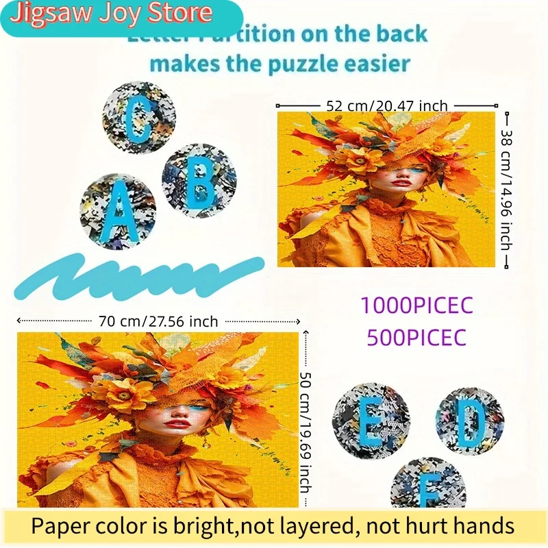Rompecabezas de 500/1000 Piezas, Rompecabezas de Papel DIY, Tema Floral Otoñal, Mujer con Corona, Rompecabezas para Adultos, Apto para: Hogar y Ocio