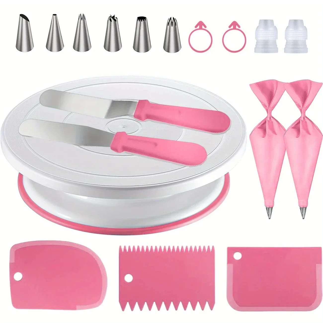 

18pcs Cake Decorating Set-Non-Slip Turntable with 6 Piping Tips,Scrapers&Tools for Professional Baking Tools,Kitchen Accessories