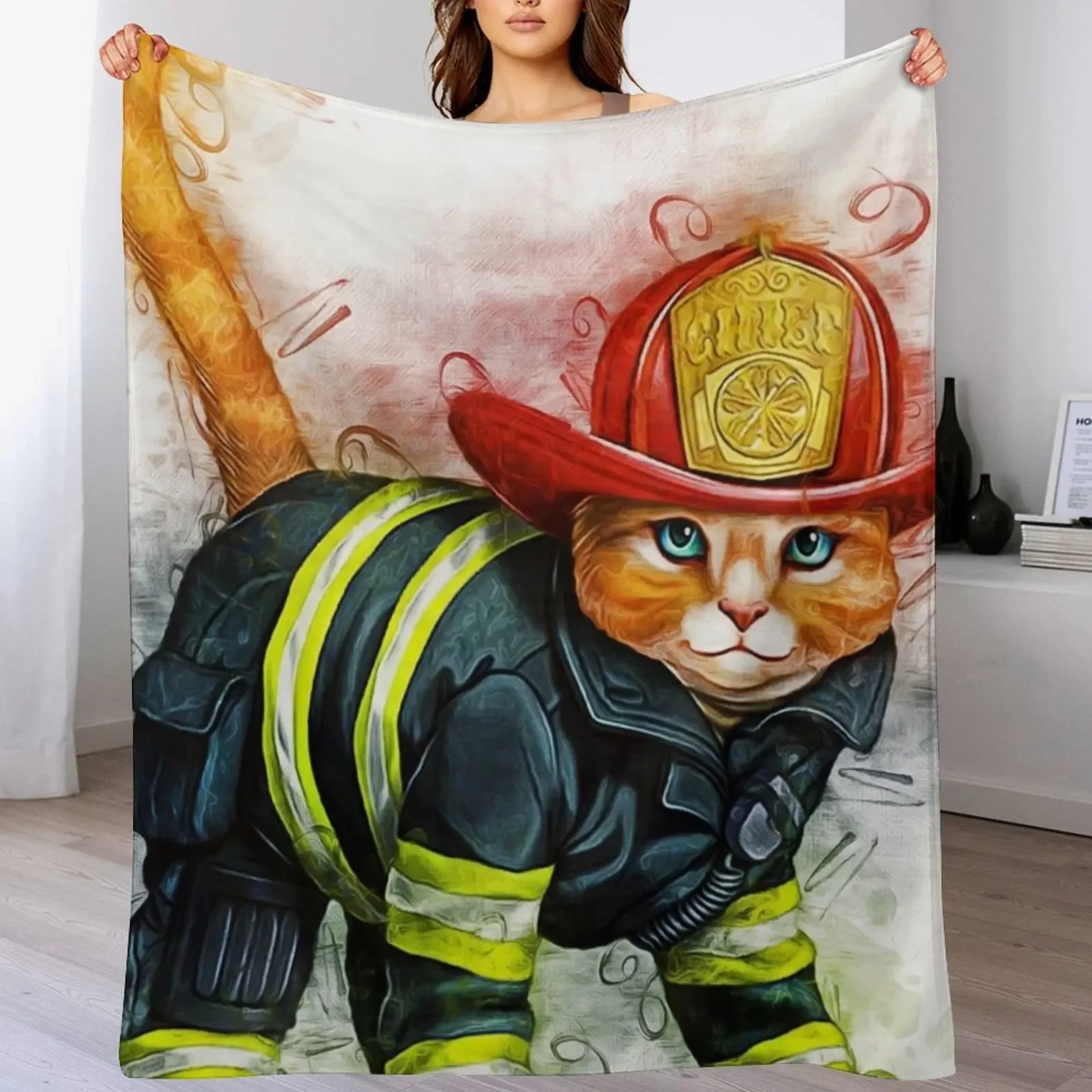 Fireman Cat Art Throw Blanket Soft Hair Summer Beddings Blankets