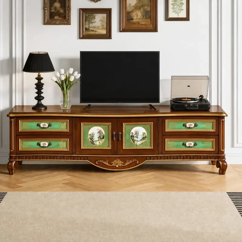 Retro Floral Decorative Cabinet Green Gold Engraved 4 Drawer Living Room Storage Locker TV Stand