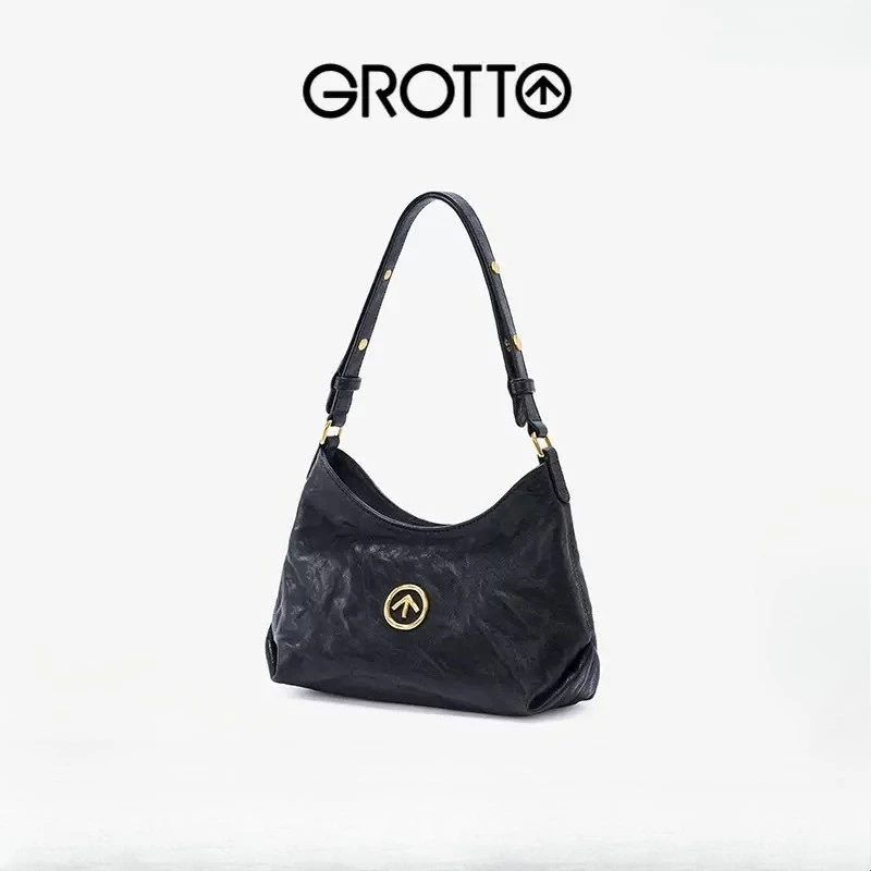 حقيبة يد جديدة من Grotto 2026 حقيبة يد محايدة للجنسين صغيرة من الحجر الأسود متجعدة حقيبة كتف كروس تحت الإبط سهم من الجلد الناعم