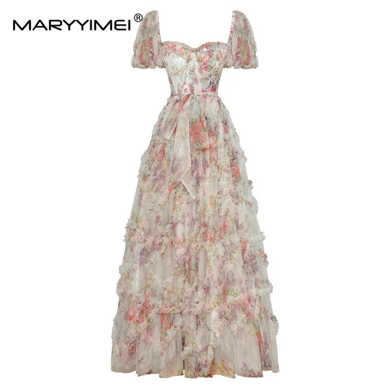 MARYYIMEI Fashion Designer Summer Women's dress Square Collar Backless Floral-Print Mesh Wood ear edge Lace up Holiday Dresses