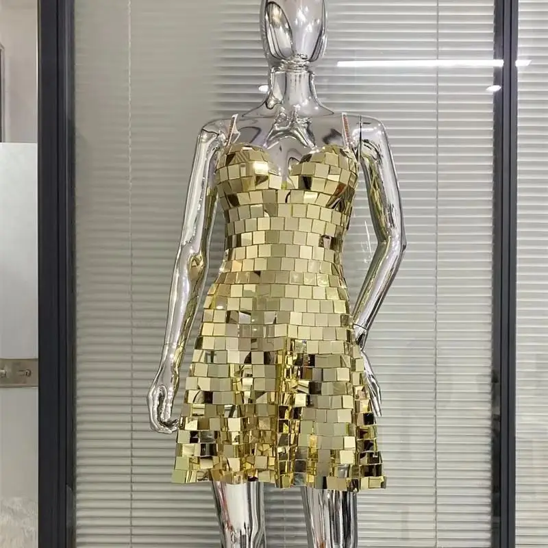 

Golden silvery Mirror Nightclub Dress for Women Sexy Sparkling Clubwear Bodycon Mini Party Dress Birthday Holiday Evening Gown