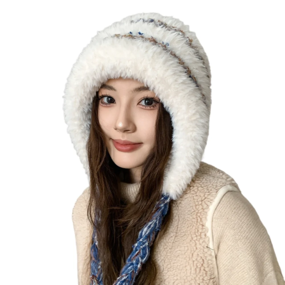 Gifts Korean Style Ear Protection Hat Windproof Thickened Plush Pullover Hats Colorful Strap Design Fluffy Beanie Hat Women