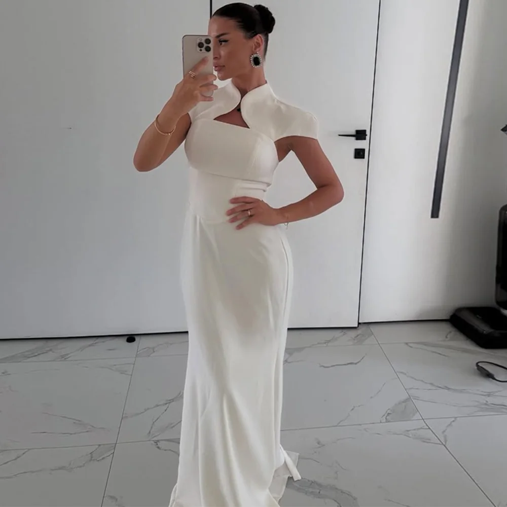 

Customized Graceful White Jersey Evening Dress Lrregular Collar Type Party Dresses Formal Short Sleeves Bespoke Occasion Gowns