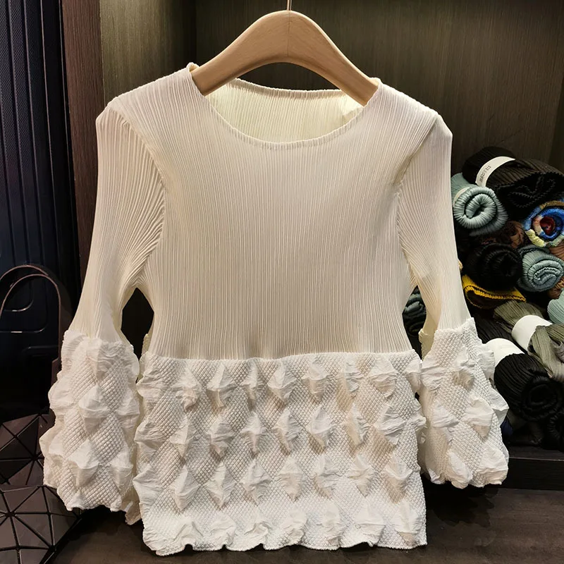 

Плиссированная футболка Miyake, дизайнерские плиссированные топы, женские весенние новинки 2024, однотонная свободная футболка с длинными рукавами, пуловер