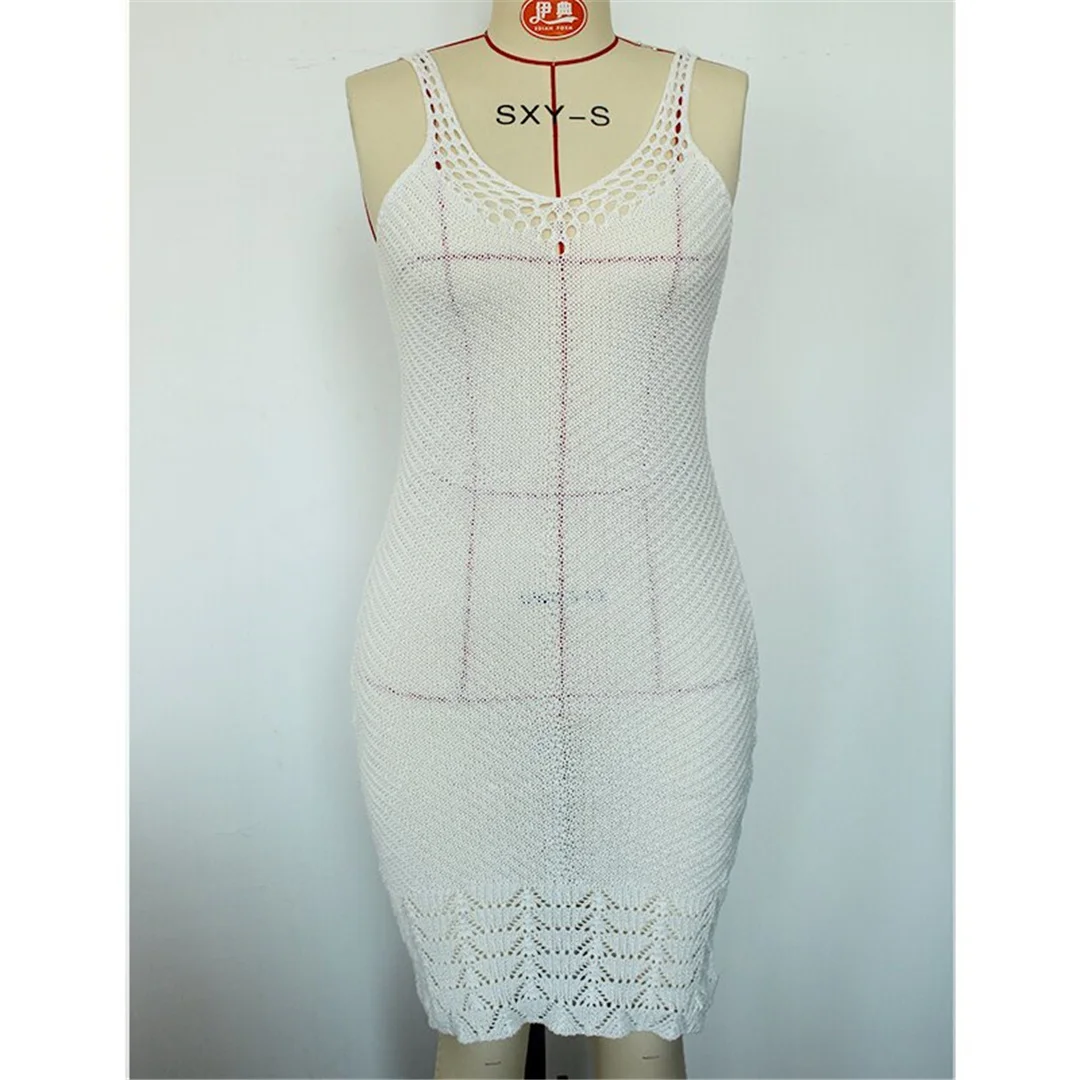 Ärmelloses, einfarbiges, gehäkeltes, gestricktes Tunika-Strandkleid, Strandkleid, Strandmode, Damen, K8578 – Detail 7