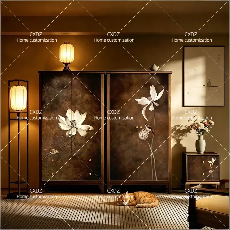 Solid Wood Hollow Wardrobe Retro Lotus Pattern Storage Cabinet High Entrance Locker for Living Room Household Furniture
