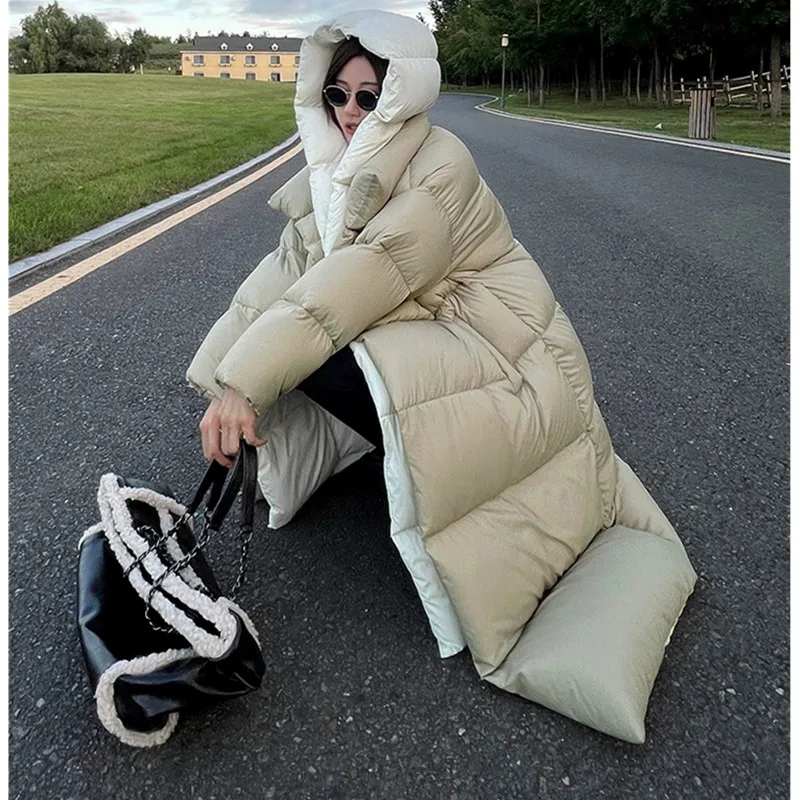 عالية الجودة الأبيض بطة أسفل سترة المرأة 2025 شتاء جديد وهمية قطعتين مجموعة طويلة مقنعين أسفل معطف الإناث الدافئة باركر معطف