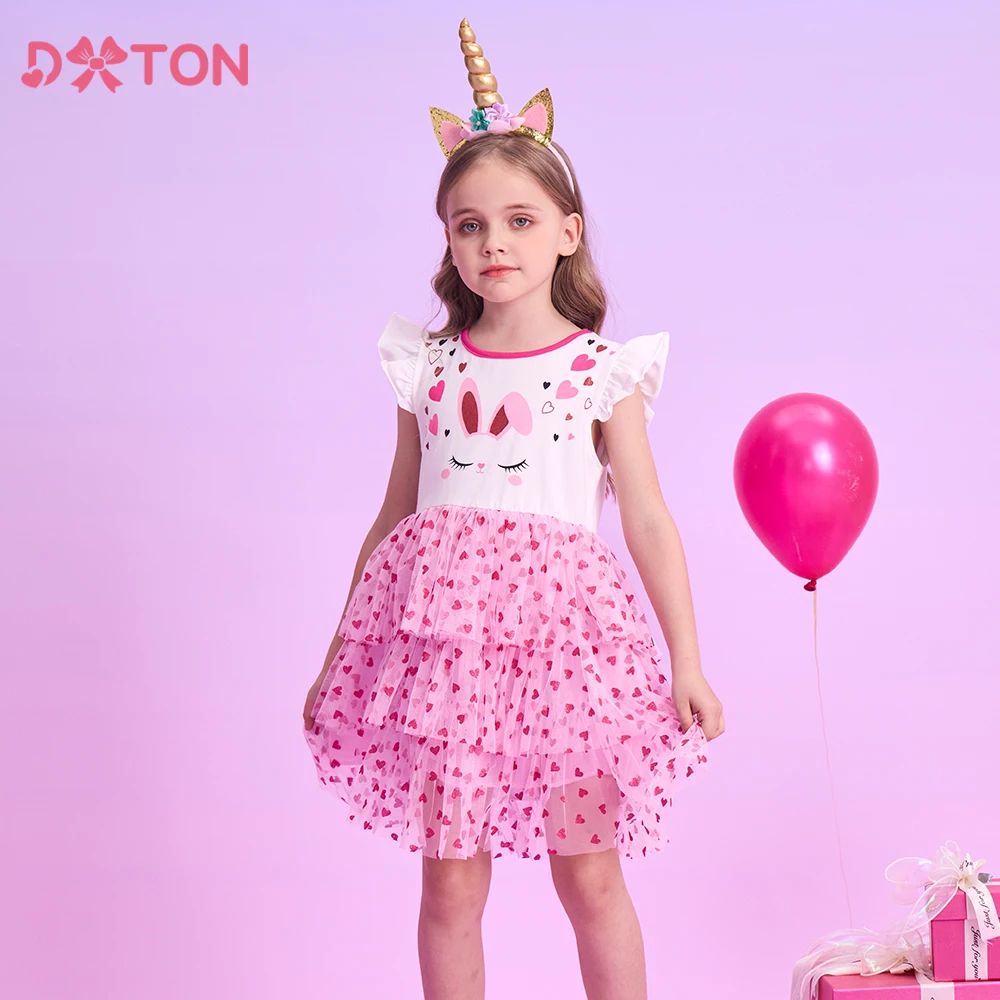 

DXTON Sleeveless Kids Dresses Heart Full Printed Birthday Party Princess Dress For Girls Rabbit Cartoon Children Casual Clothing