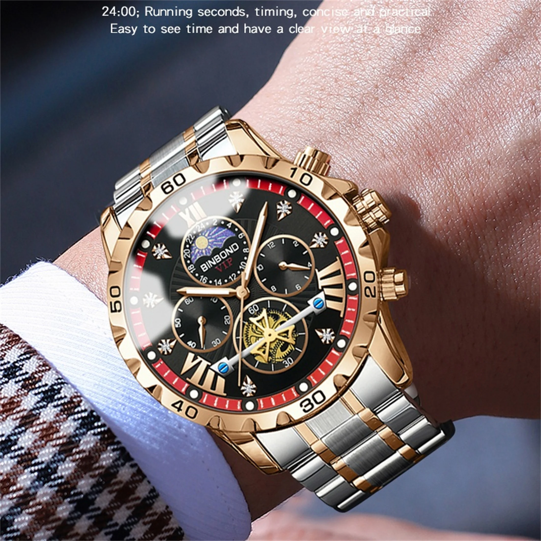 Chronograph Watch Fashion Men\'s Watch 30M Waterproof Calendar Date Function Rhinestone Dial Stainless Steel Quartz Watch Gift