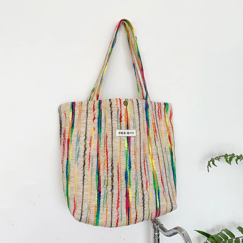 Rainbow Canvas Shoulder Bag Handbags for Women 2024 Designer Crochet Beach Bag Casual with Buckle Cute Stripes Shopper Tote Bags