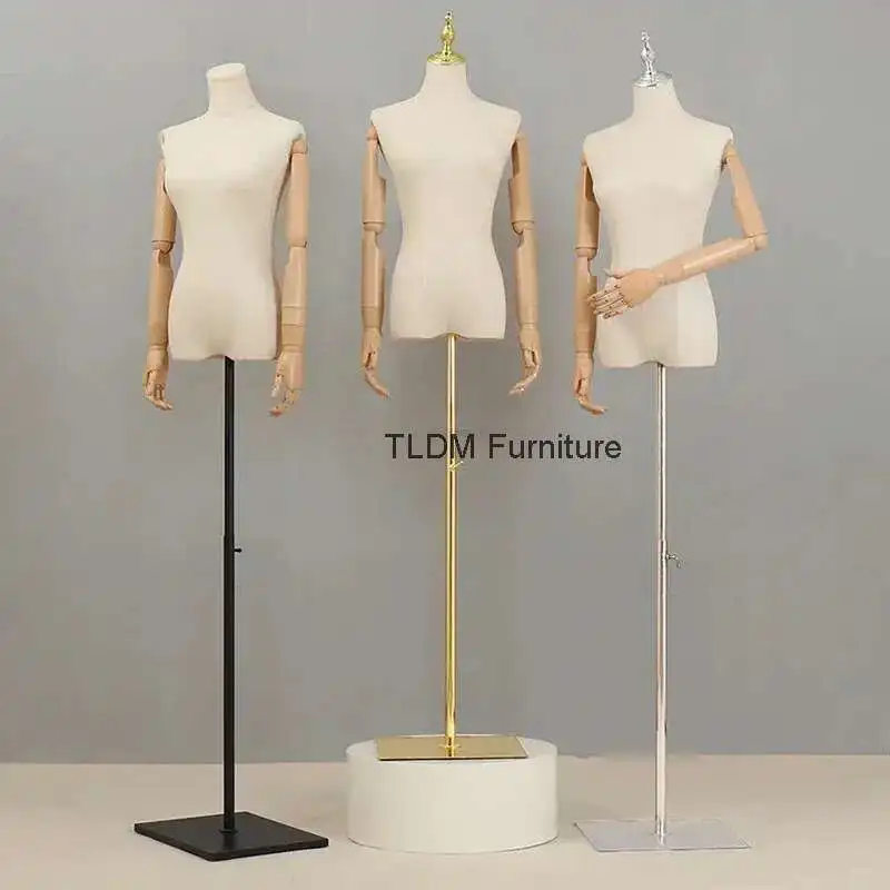 

Wooden Arm Cloth Cover Female Head Half Mannequins Metal Base Wedding Clothing Display Stand Adjustable Clothing Store Mannequin