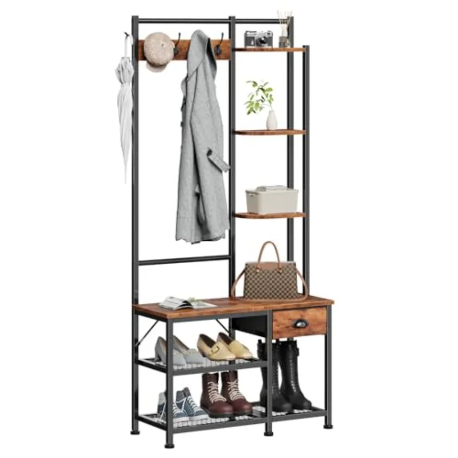 

Coat Rack Hall Tree with Bench and Shoe Storage 4 in 1 Entryway Bench Coat Rack with 3 Shelves and Drawer Entryway Organizer wi