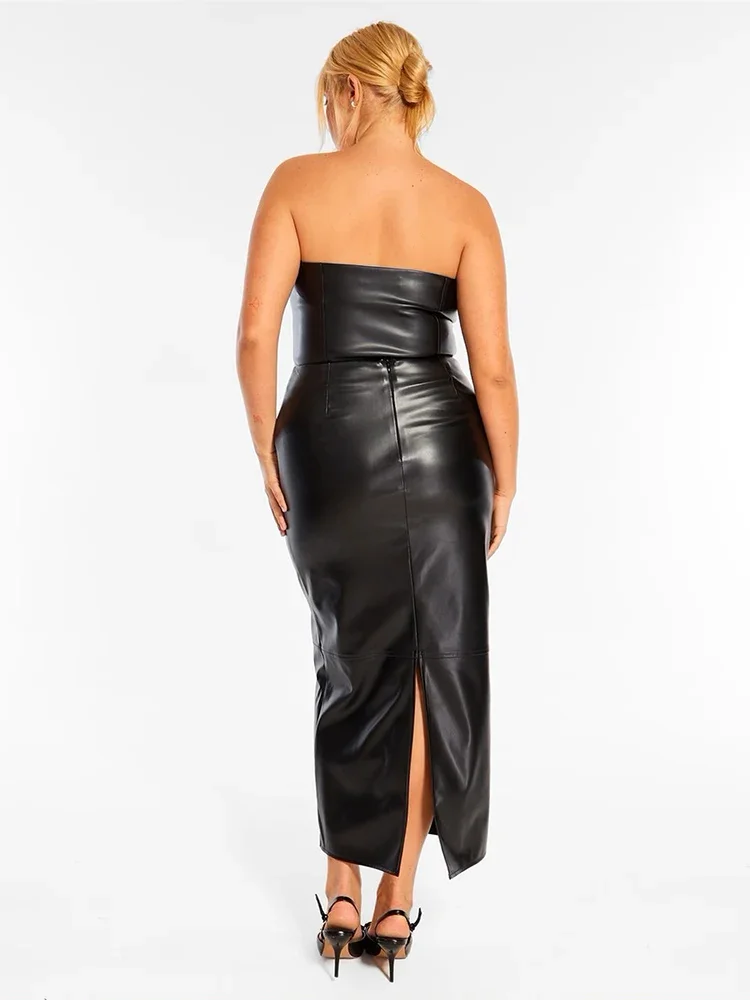 Plus Size Women Matte Leather Midi Skirt 8XL High Waist Stretch Straight Skirt Hem Split Lady Elegant Hobble Skirt Custom 9XL