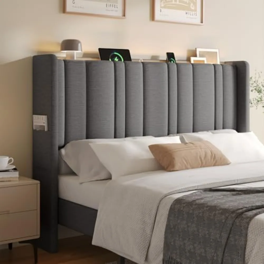 Queen Size Headboard with Storage, LED Light, Grey | Linen Vertical Wingback Headboard w/ Charging Station, Upholstered