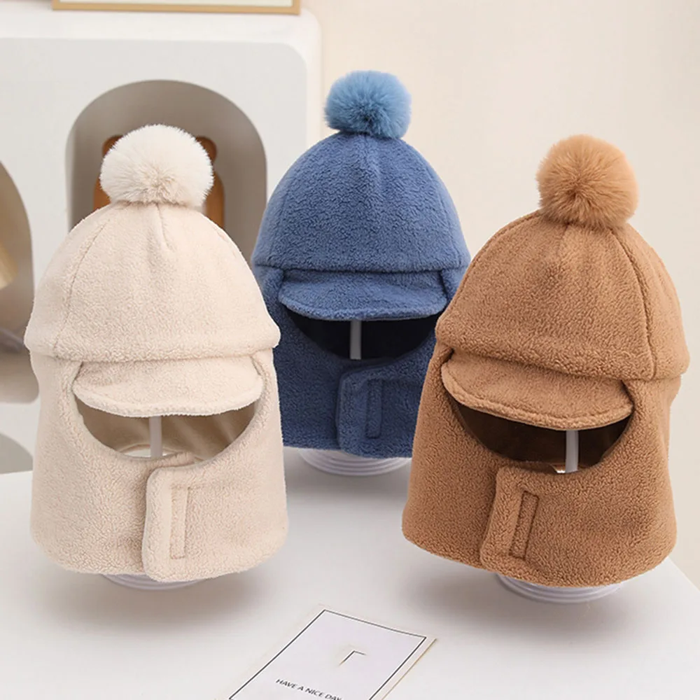 

Korean Winter Hat Children's Plush Neck Protection Warm Hats Windproof Solid Color Beanies For Kids 2-6 Years